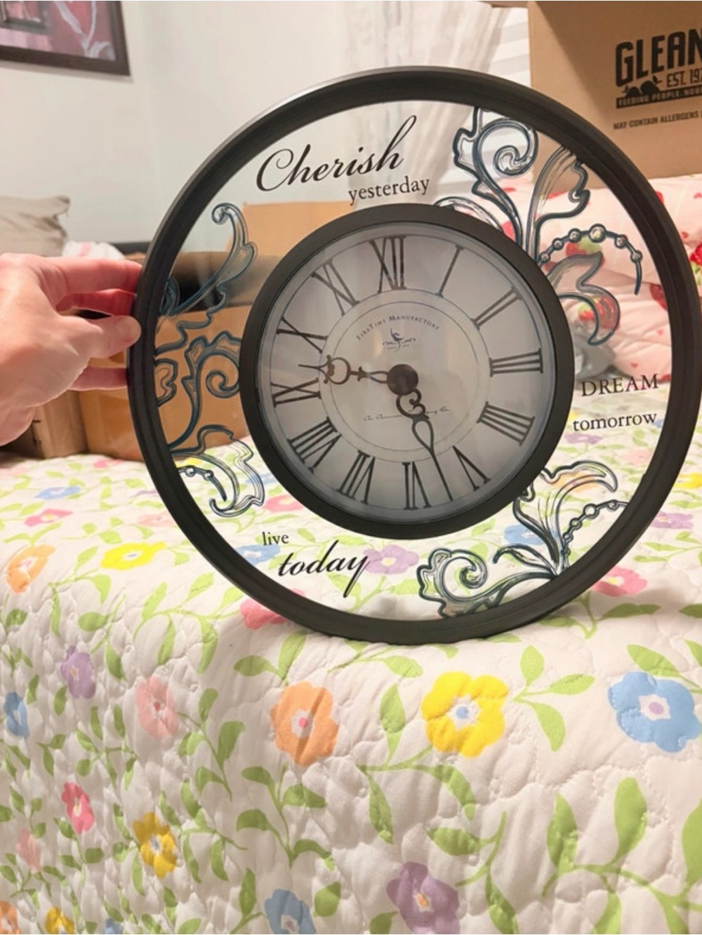 Decorative Cherish Wall Clock-Bronze/brownish Frame, clear glass wFloral Accents